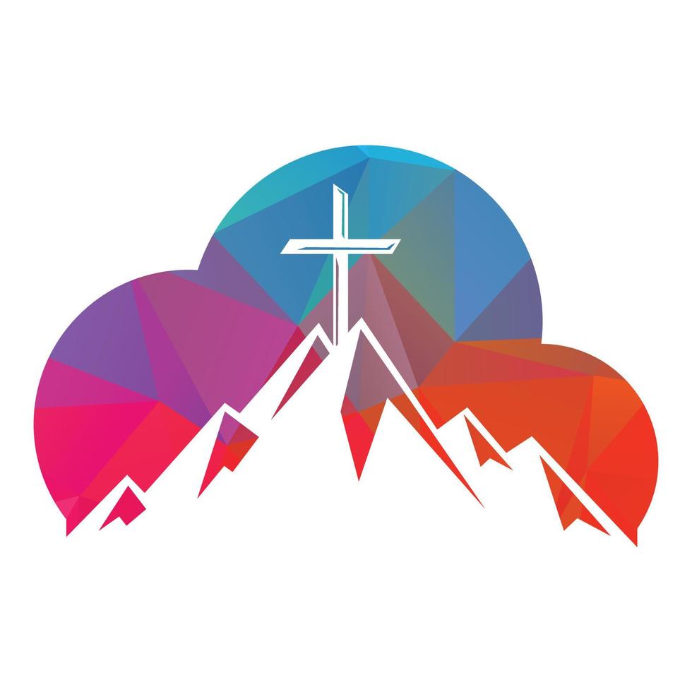 cruz bautista en diseño de logo de montaña. cruz en la cima de la montaña y el logo en forma de nube. logotipo de la iglesia y la organización cristiana. vector