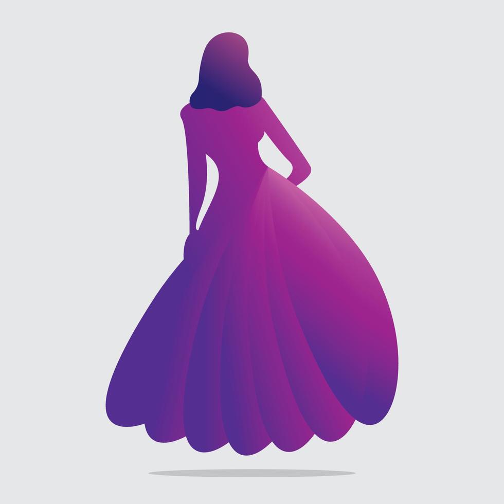 diseño de ilustración de vector de logotipo de moda de mujer. diseño de logotipo de vestido moderno. hermosa dama en vestido de gala púrpura.