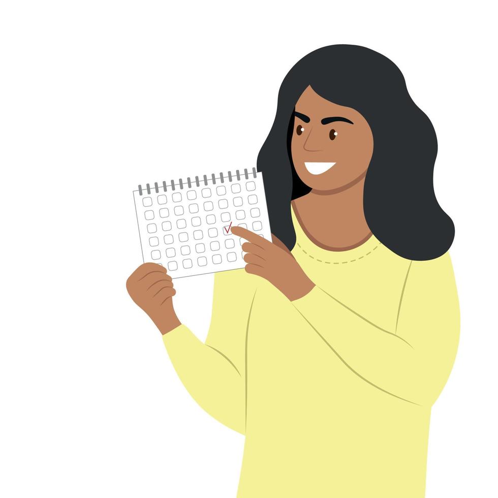 niña india mira el calendario y señala la fecha, vector plano, aislar en blanco, mujer con un calendario en las manos