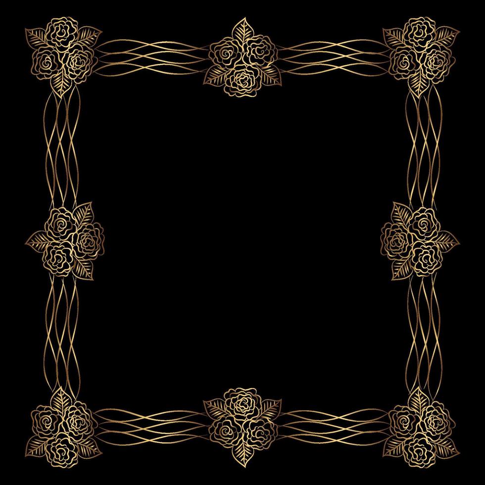 Vector golden frame with roses on the black background. Isolated art deco border for design