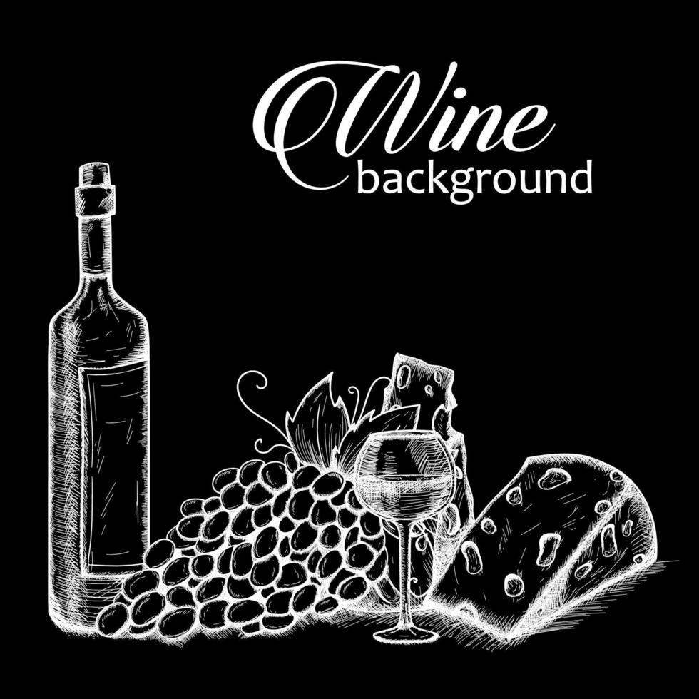 Wine set. Sketch with a bottle of wine, bunch of grapes, cheese, glass vector