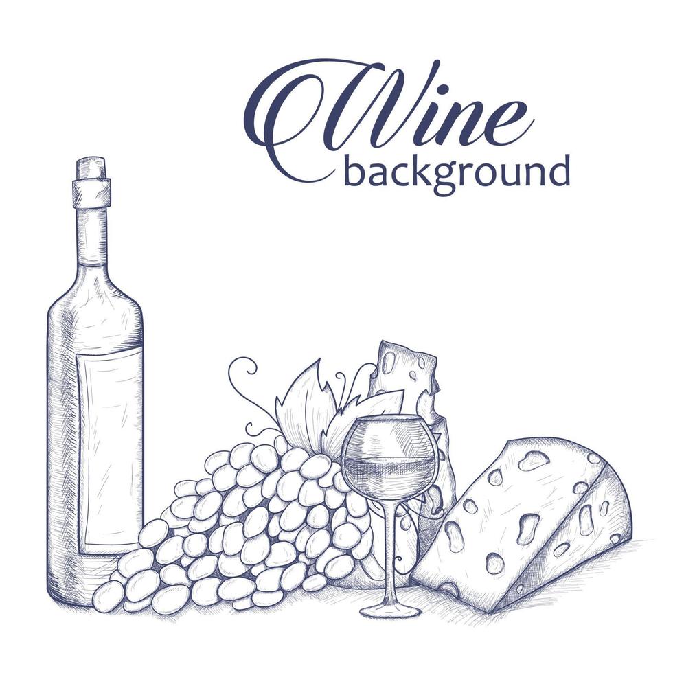 Wine set. Sketch with a bottle of wine, bunch of grapes, cheese, glass vector