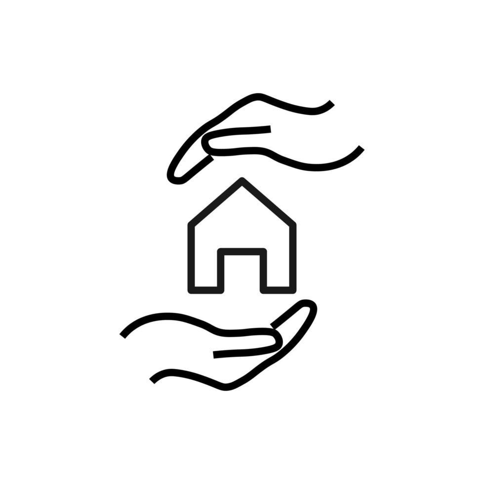Support and gift signs. Minimalistic isolated vector image for web sites, shops, stores, adverts. Editable stroke. Vector line icon of house between outstretched hands