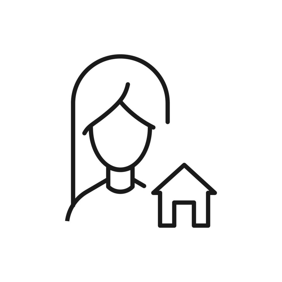 Profession, occupation, hobby of woman. Outline sign drawn with black thin line. Editable stroke. Vector monochrome line icon of house or home by female