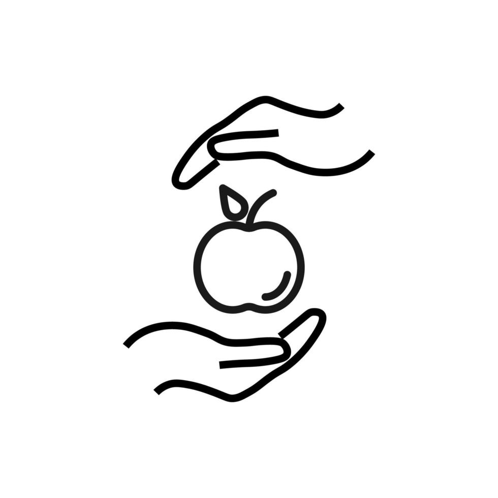 Support and gift signs. Minimalistic isolated vector image for web sites, shops, stores, adverts. Editable stroke. Vector line icon of apple between outstretched hands