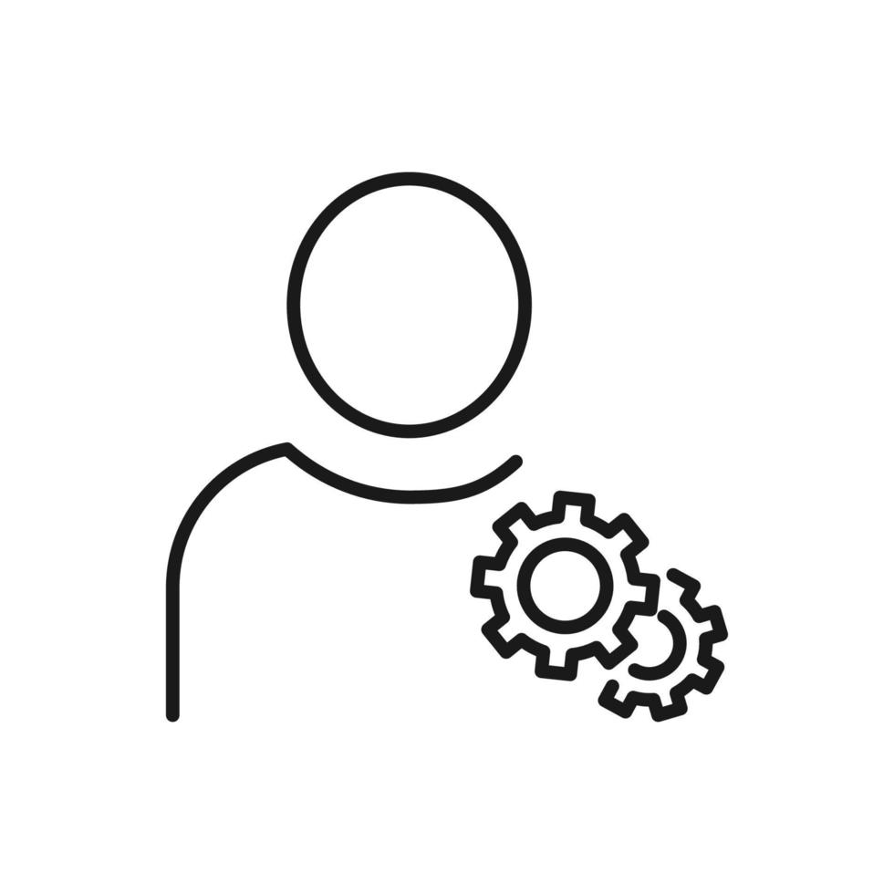 Hobbies, profession and business concept. Minimalistic signs for web sites, adverts, apps, stores. Editable stroke. Vector line icon of gear or cogwheels by faceless person