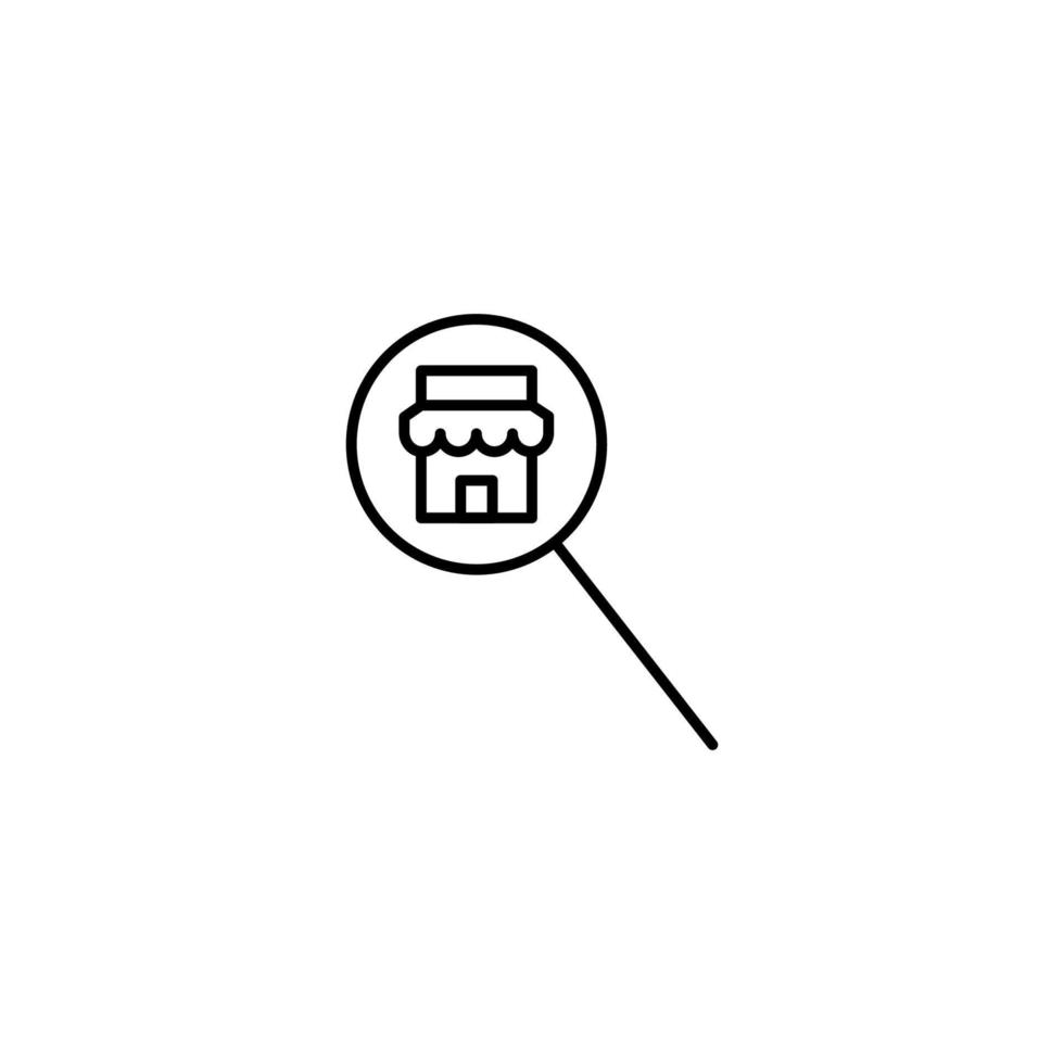 Outline symbols in flat style. Modern signs drawn with thin line. Editable strokes. Suitable for advertisements, books, internet stores. Line icon of house or store under magnifying glass vector