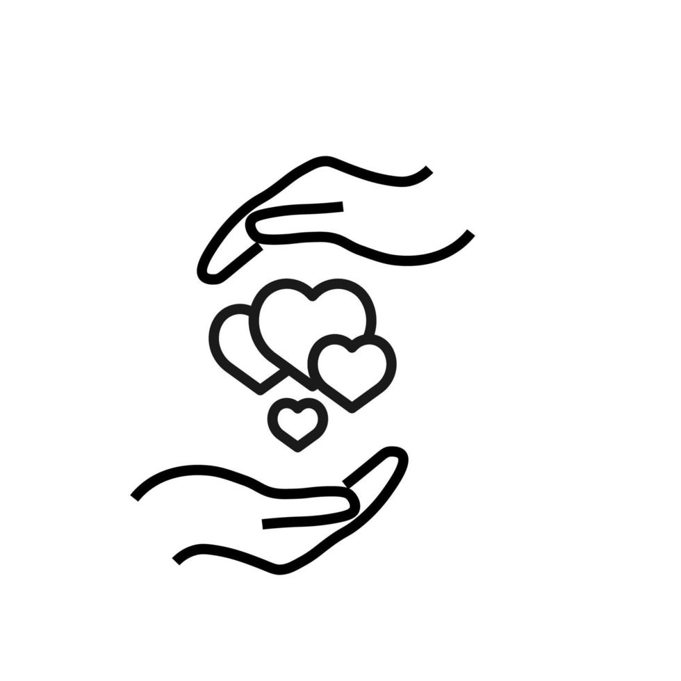 Support and gift signs. Minimalistic isolated vector image for web sites, shops, stores, adverts. Editable stroke. Vector line icon of various hearts between outstretched hands
