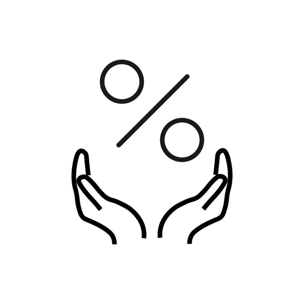 Support, present and charity concept. Modern vector sign drawn with black thin line. Editable stroke. Vector line icon of percent over outstretched hands