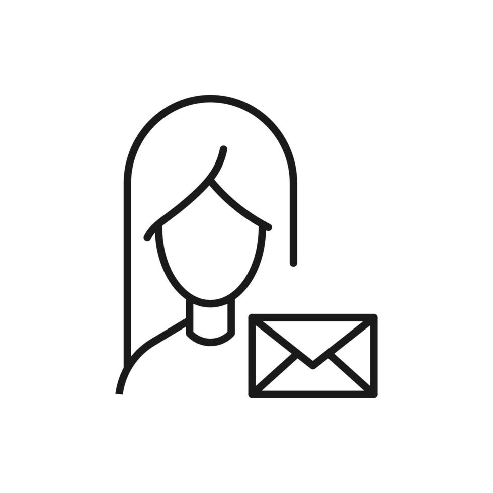 Profession, occupation, hobby of woman. Outline sign drawn with black thin line. Editable stroke. Vector monochrome line icon of envelope by female