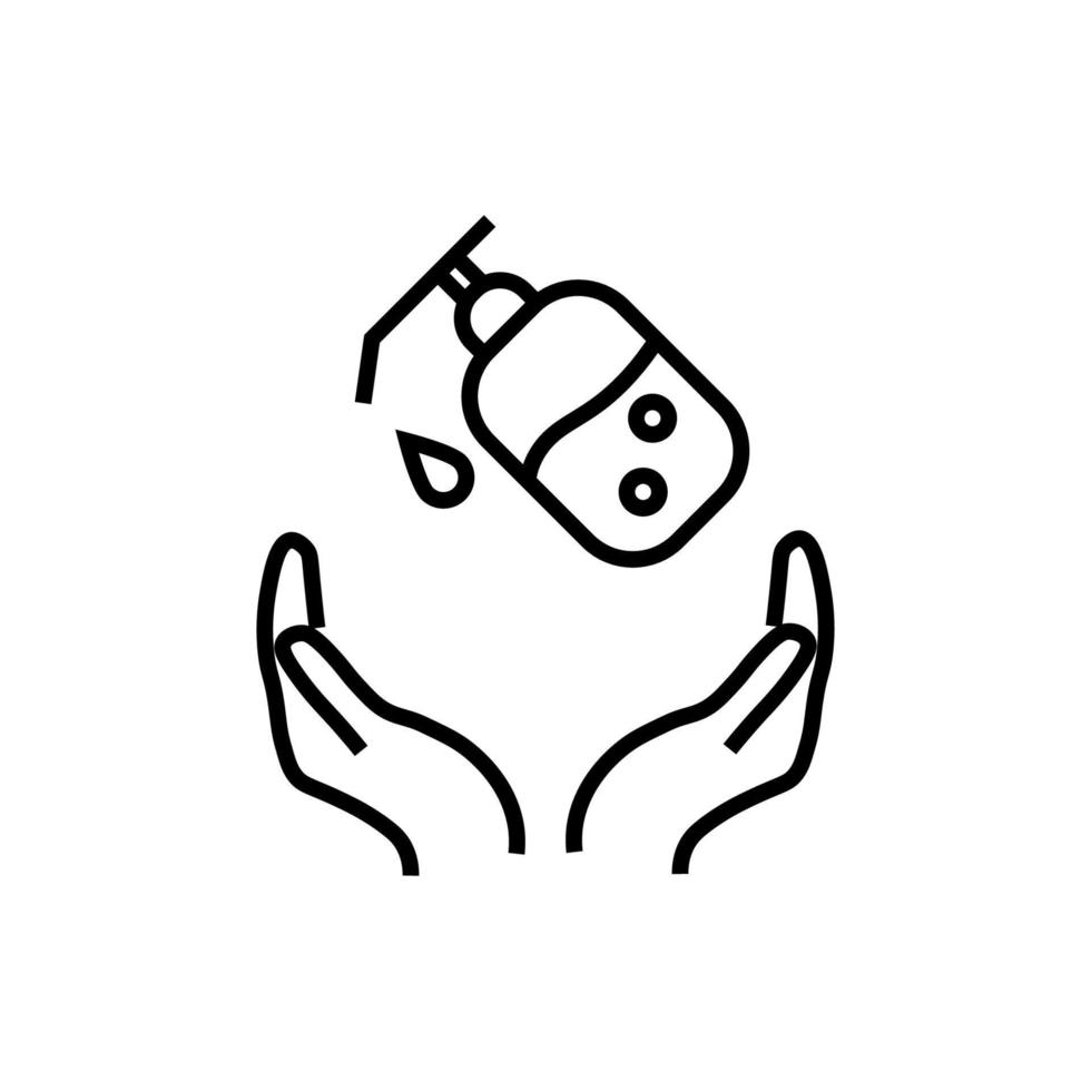 Support, present and charity concept. Modern vector sign drawn with black thin line. Editable stroke. Vector line icon of liquid soap over outstretched hands