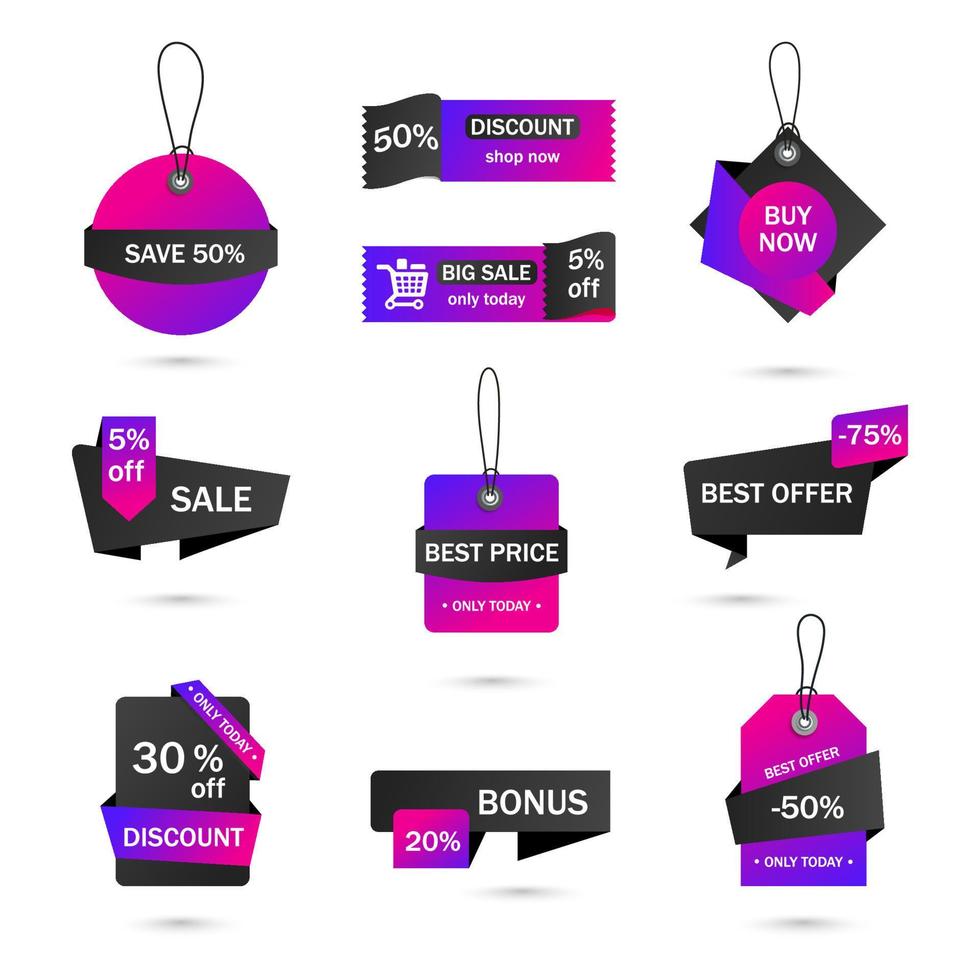 Vector stickers, price tag, banner, label. Coupon sale, offers and promotions vector template. Shop price tag, retail, commerce, business. Set of speech bubbles