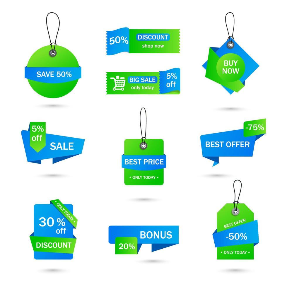 pegatinas vectoriales, etiqueta de precio, banner, etiqueta. Plantilla vectorial de venta, ofertas y promociones de cupones. etiqueta de precio de tienda, venta minorista, comercio, negocios. conjunto de burbujas de discurso vector