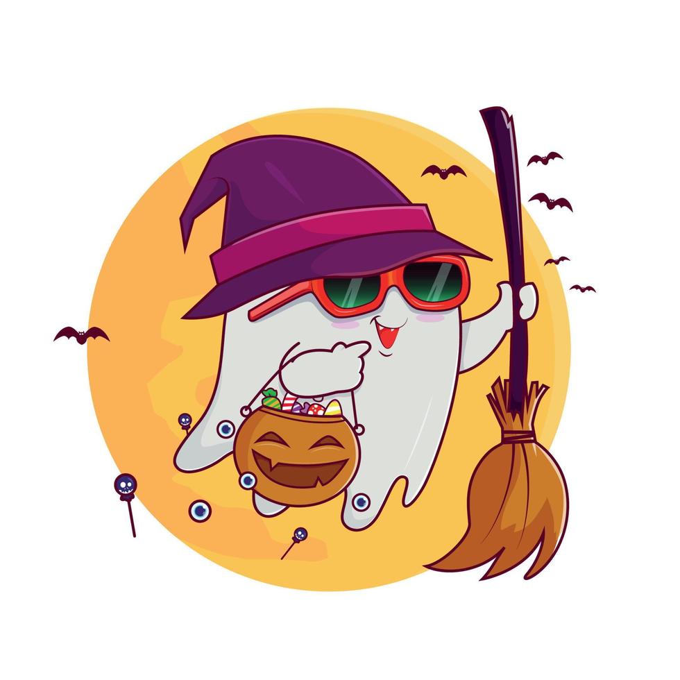 CUTE GHOST CARRYING A HALLOWEEN CANDY BAG vector