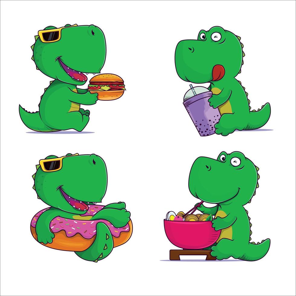 lindos dinosaurios comiendo comida rápida ilustración vector