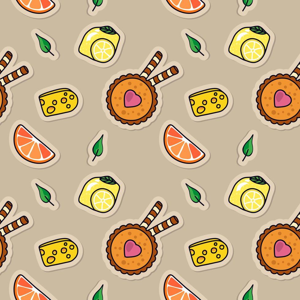 Seamless pattern with food stickers. Wallpaper of cake, cheese, lemon, leaves and orange icons. Abstract background with cool labels vector