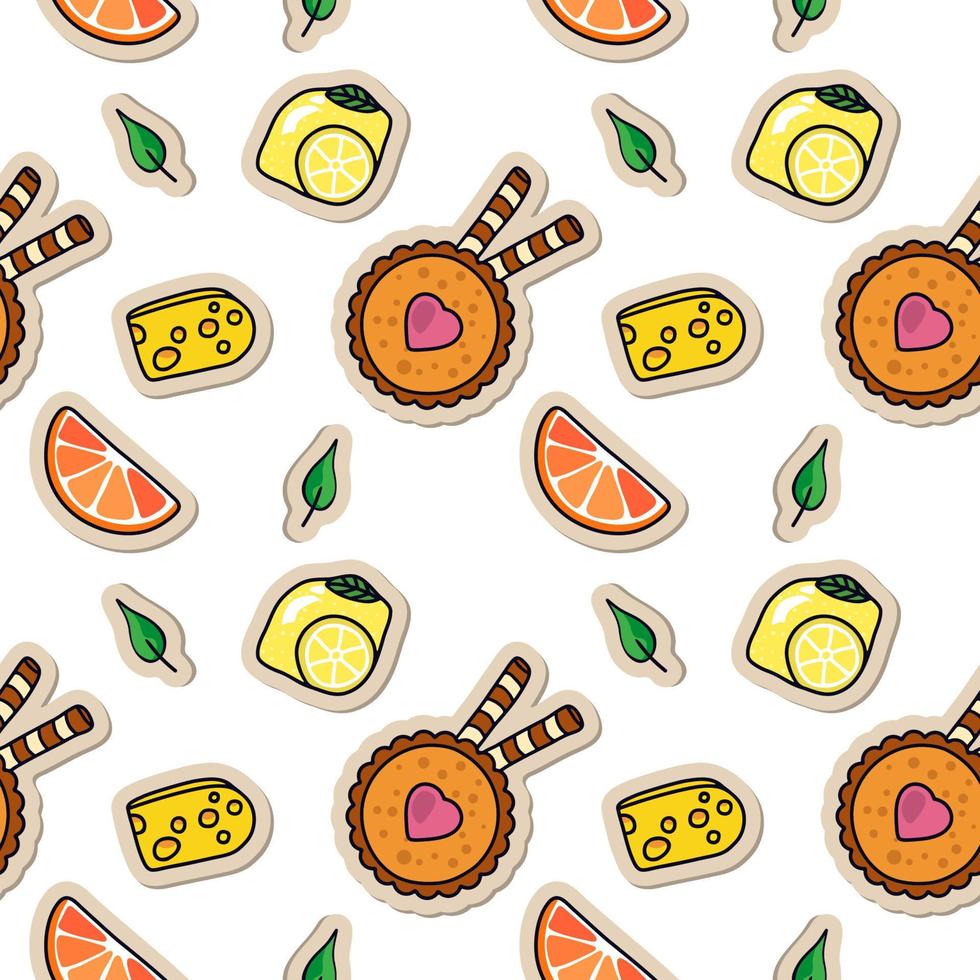 Seamless pattern with food stickers. Wallpaper of cake, cheese, lemon and orange   icons. Abstract background with cool labels vector