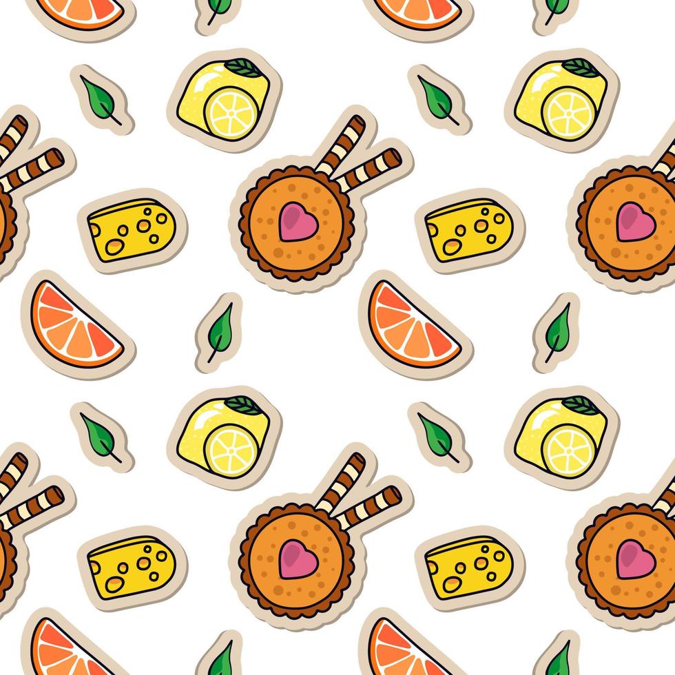 Seamless pattern with food stickers. Wallpaper of cake, cheese, lemon and orange   icons. Abstract background with cool labels vector