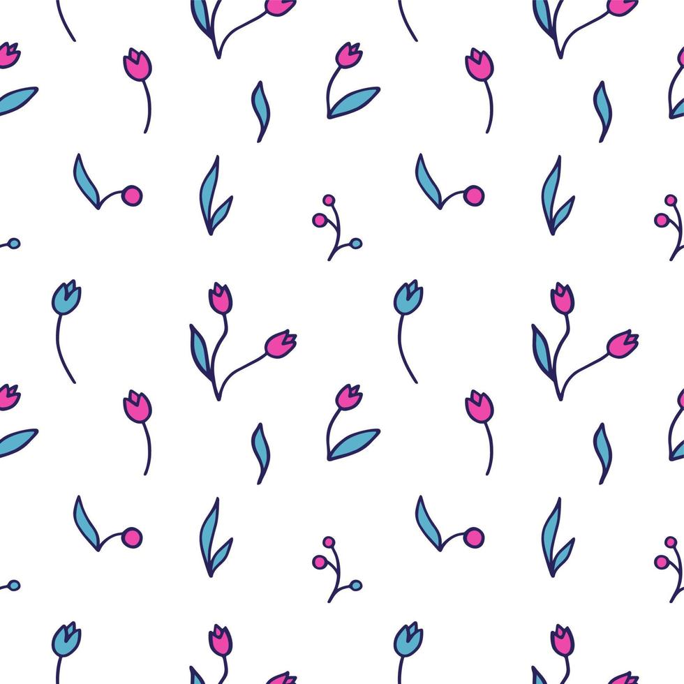 Vector seamless pattern from hand drawn floral elements, plants. Abstract background with flowers, leaves. Trendy texture from cute doodle botanical elements, wallpaper