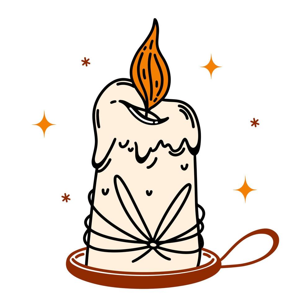 Burning wax candle vector icon. Candle on a candlestick, tied with thread. Witchcraft element, lighting tool. Flat cartoon doodle isolated on white. Illustration for posters, cards, Halloween decor