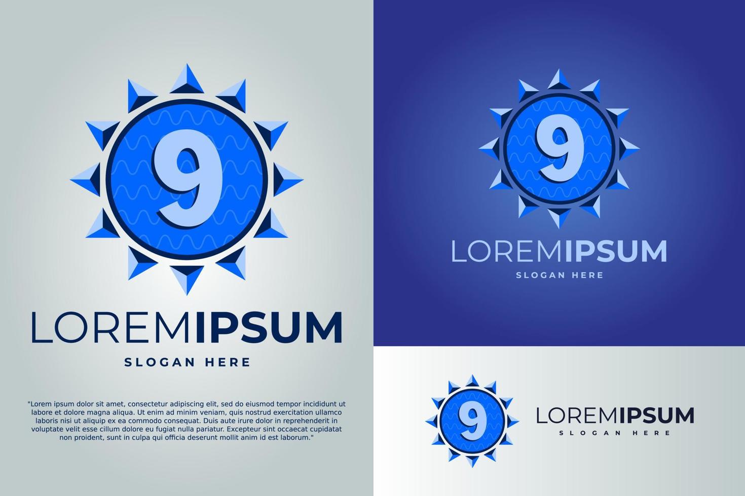 Numeric 9 and Sun with waves Logo design vector illustration template. badge logo. Sun logo design template. badge logo