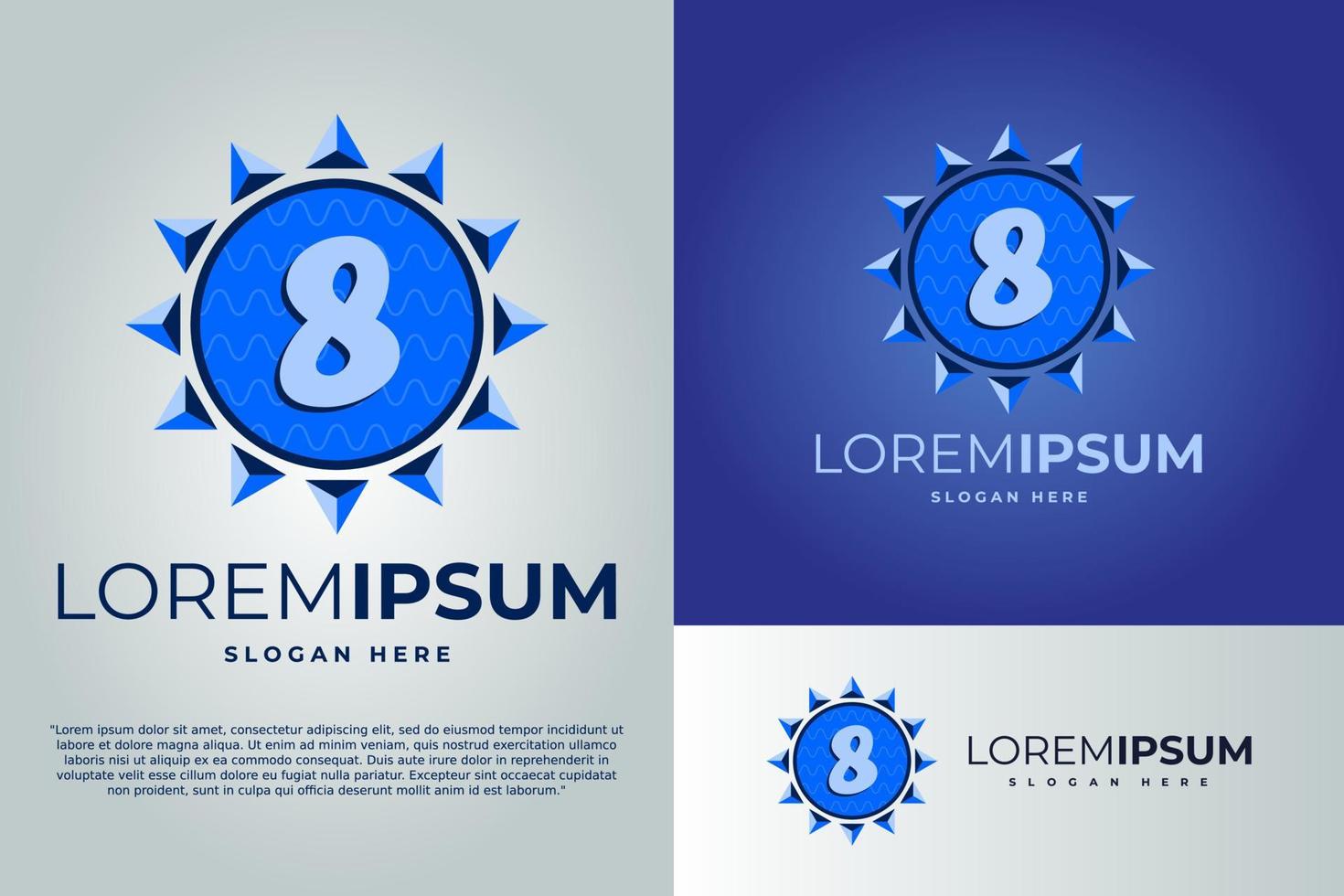 Numeric 8 and Sun with waves Logo design vector illustration template. badge logo. Sun logo design template. badge logo