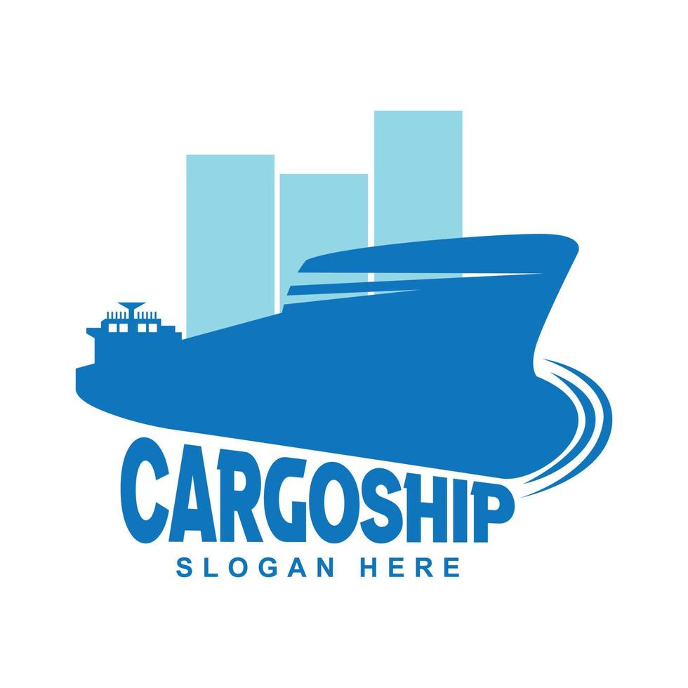Cargo ship logo for international marine goods export or import and freight transport trading company, commercial cargo ship vector design in blue