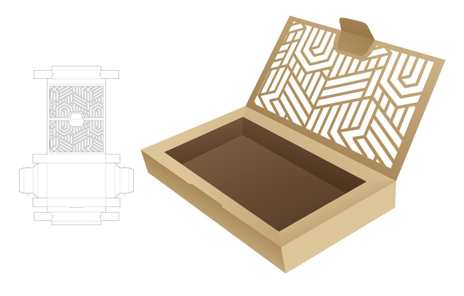 cardboard flip box with stenciled pattern on flip die cut template and 3D mockup vector