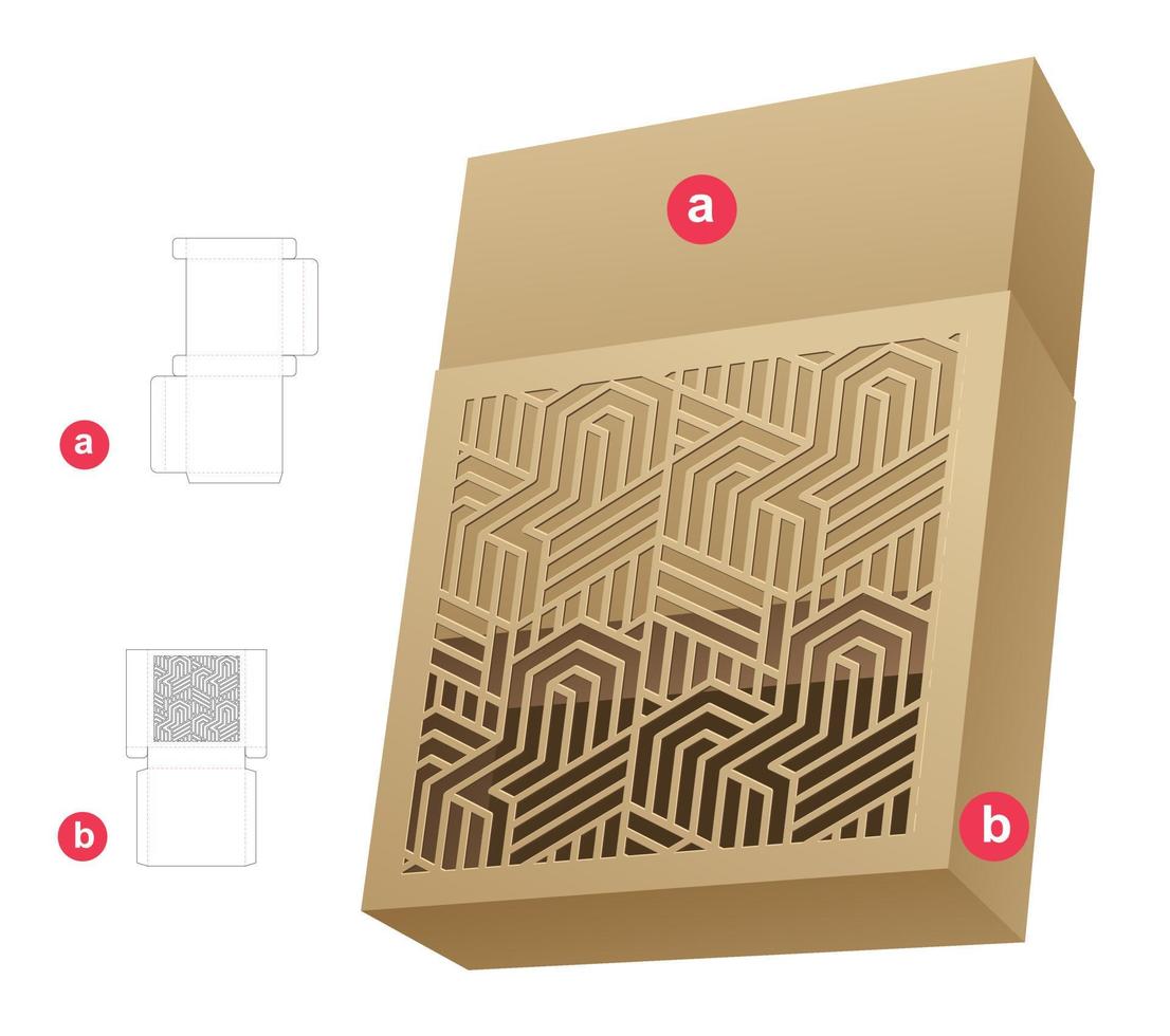 stenciled sliding box die cut template and 3D mockup vector