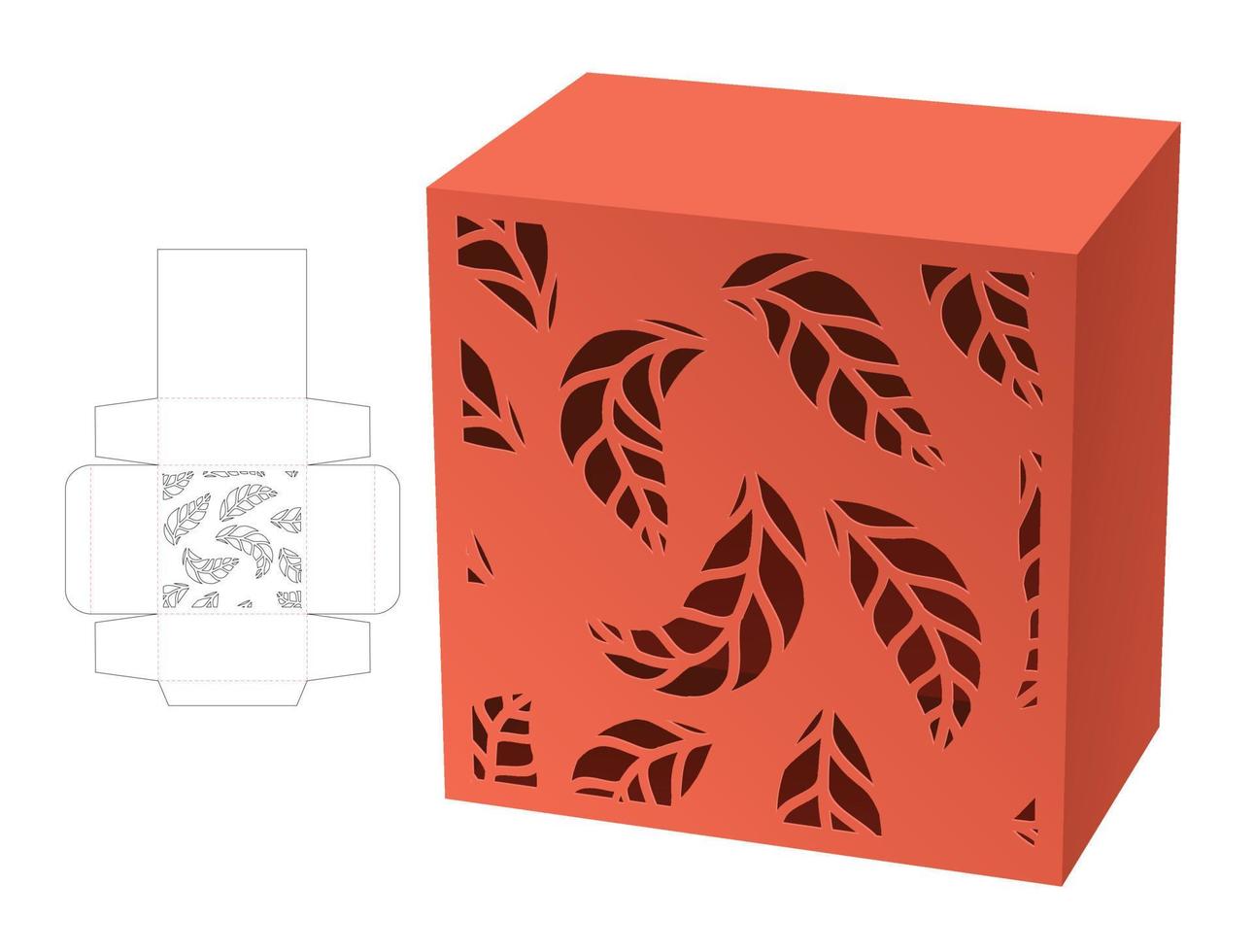 Box with stenciled leaf pattern die cut template and 3D mockup vector