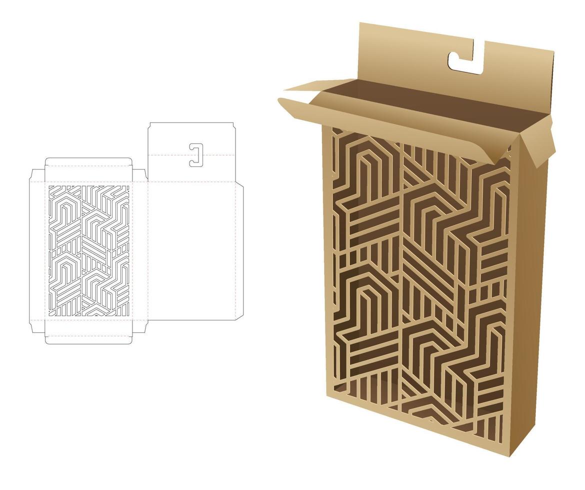 Box with stenciled window and hang hole die cut template and 3D mockup vector