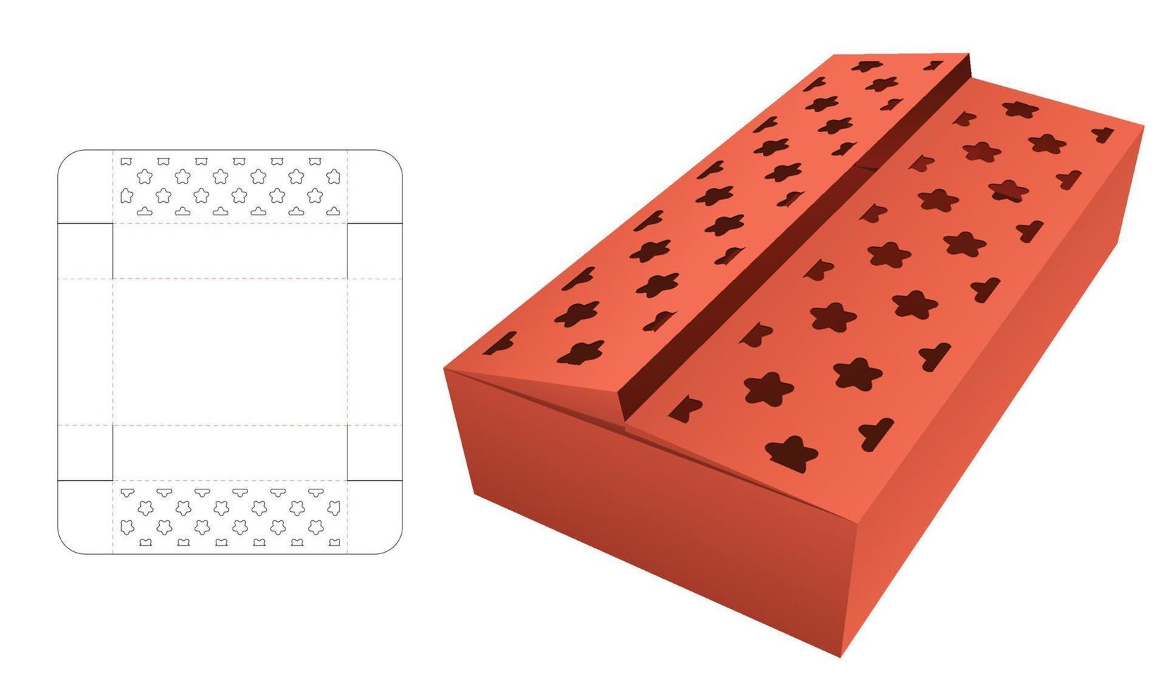 Caja larga de 2 solapas con plantilla troquelada con patrón de estrella estampada y maqueta 3d vector