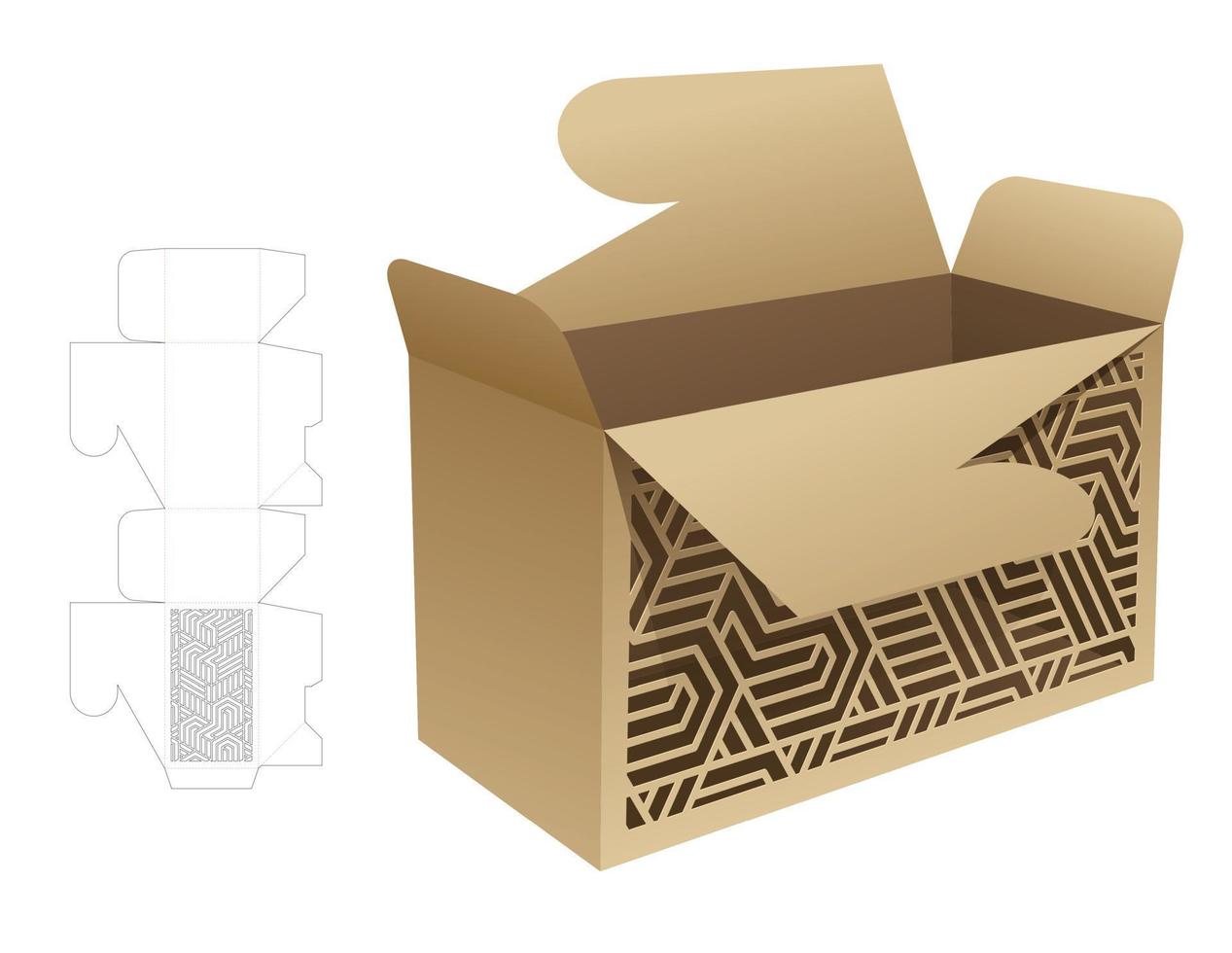 locked flip box with stenciled pattern die cut template and 3D mockup vector