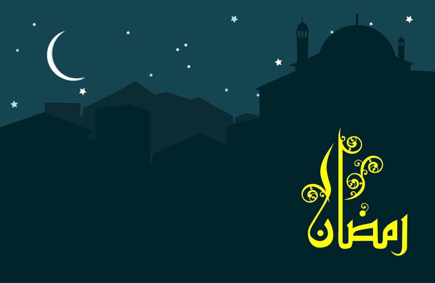 Editable Night Scene of City and Mosque Silhouette Vector Illustration with Arabic Calligraphy of Ramadan Word for Islamic Religious Moments