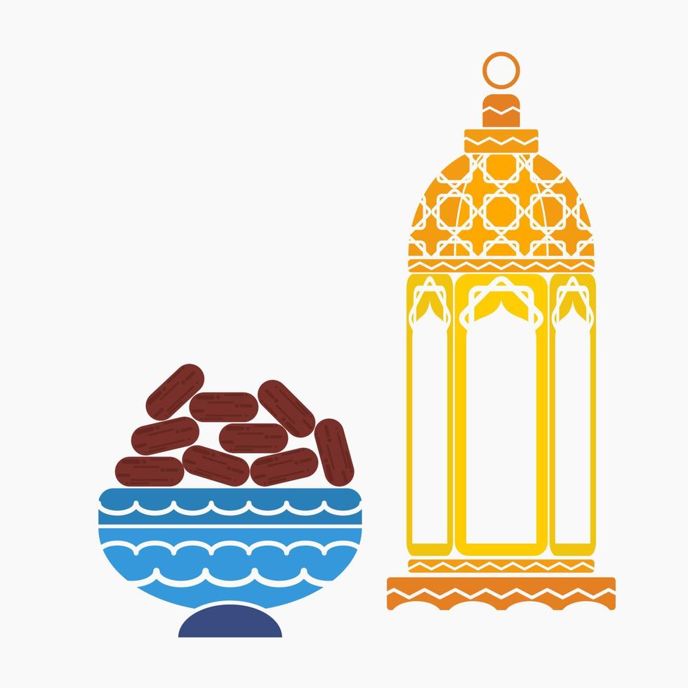 Editable Side View Arabian Standing Lamp and Dates Fruit in a Bowl Vector Illustration in Flat Style for Middle Eastern Culture Tradition and Islamic moments Like Ramadan and Eid Concept