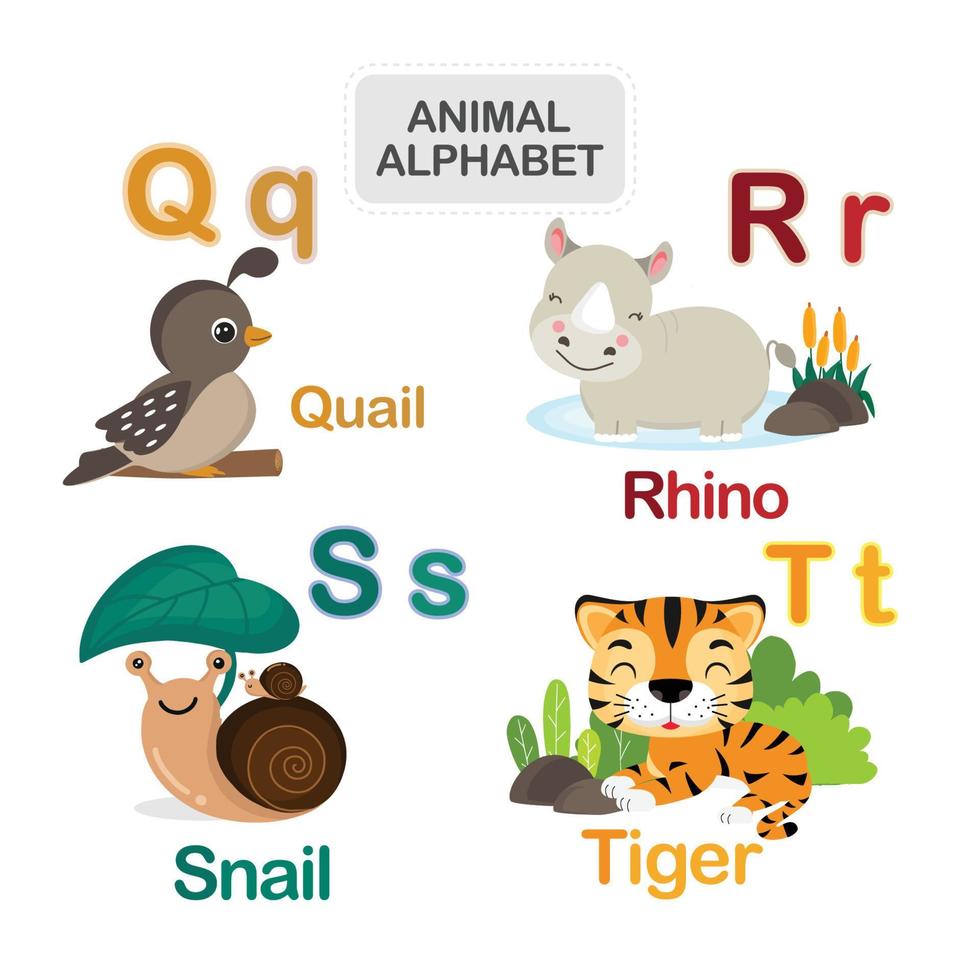 Cute animal alphabet from Letter Q to T vector