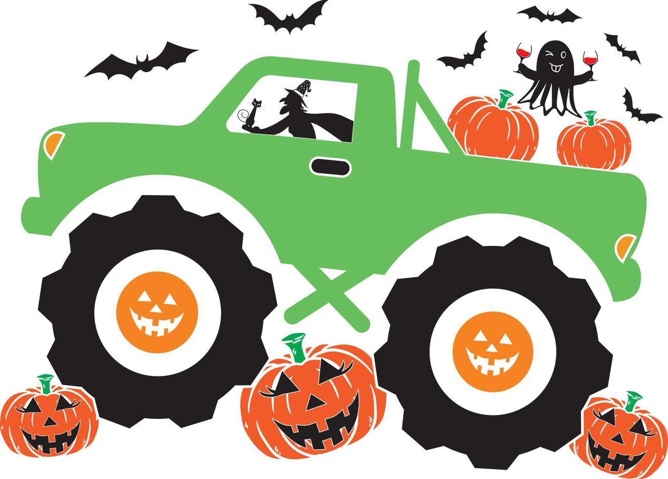 Pumpkin Monster Truck, Ghost, Witch, Bat Vector Illustration File