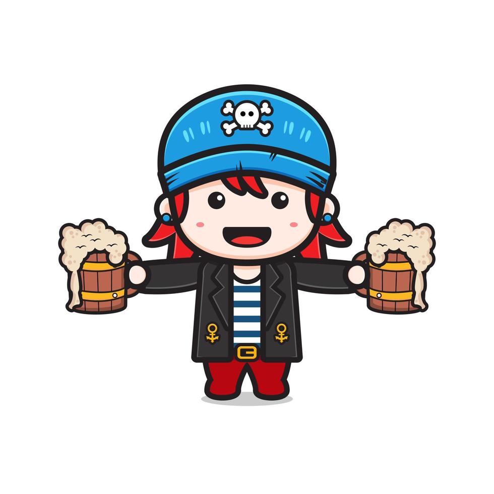 piratas lindos está sosteniendo cerveza mascota icono de dibujos animados ilustración de imágenes prediseñadas vector