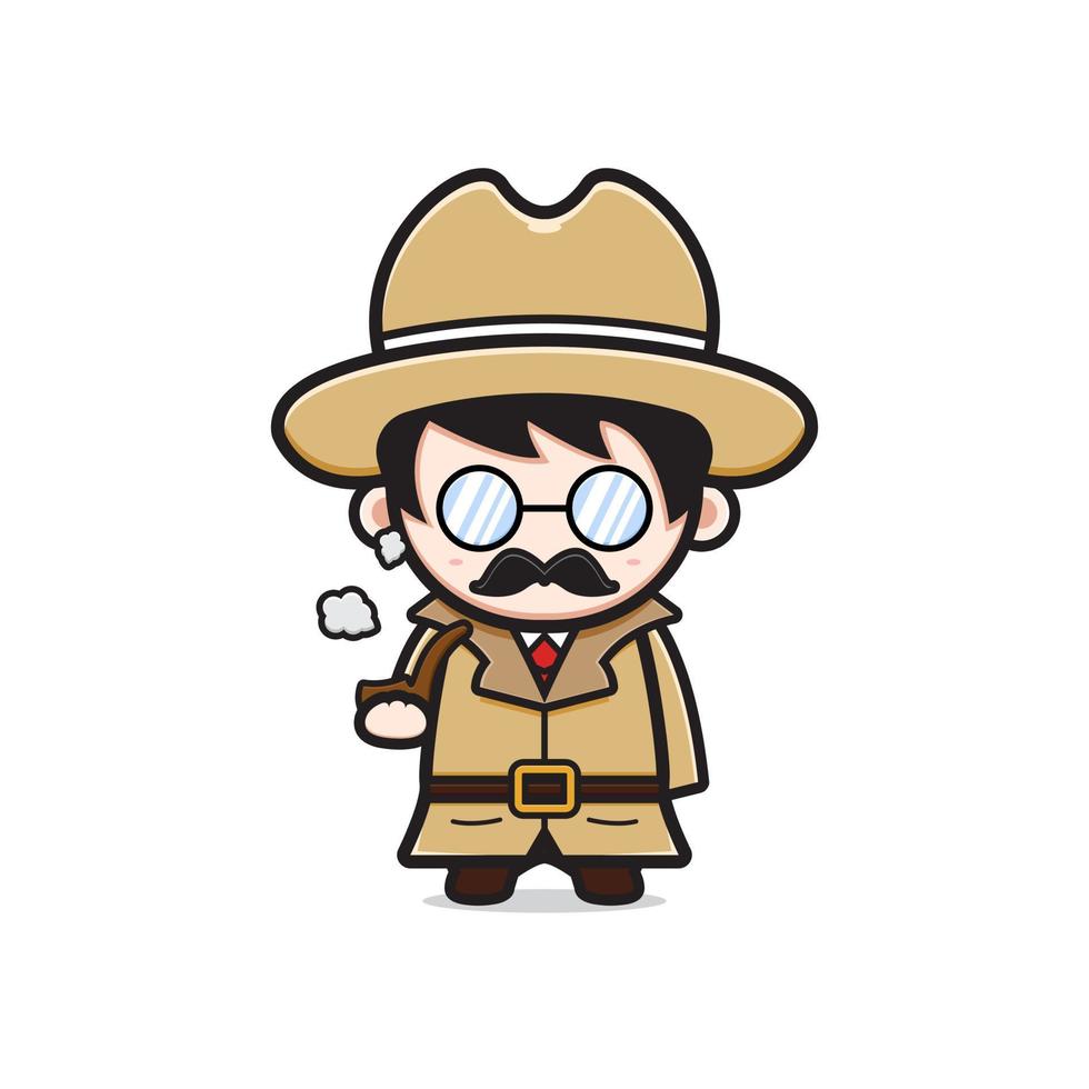 lindo detective está fumando personaje de dibujos animados icono ilustración vector