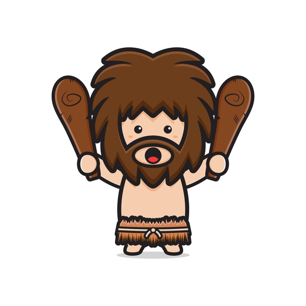 Cute primitive caveman holding cudgel cartoon icon clipart illustration vector