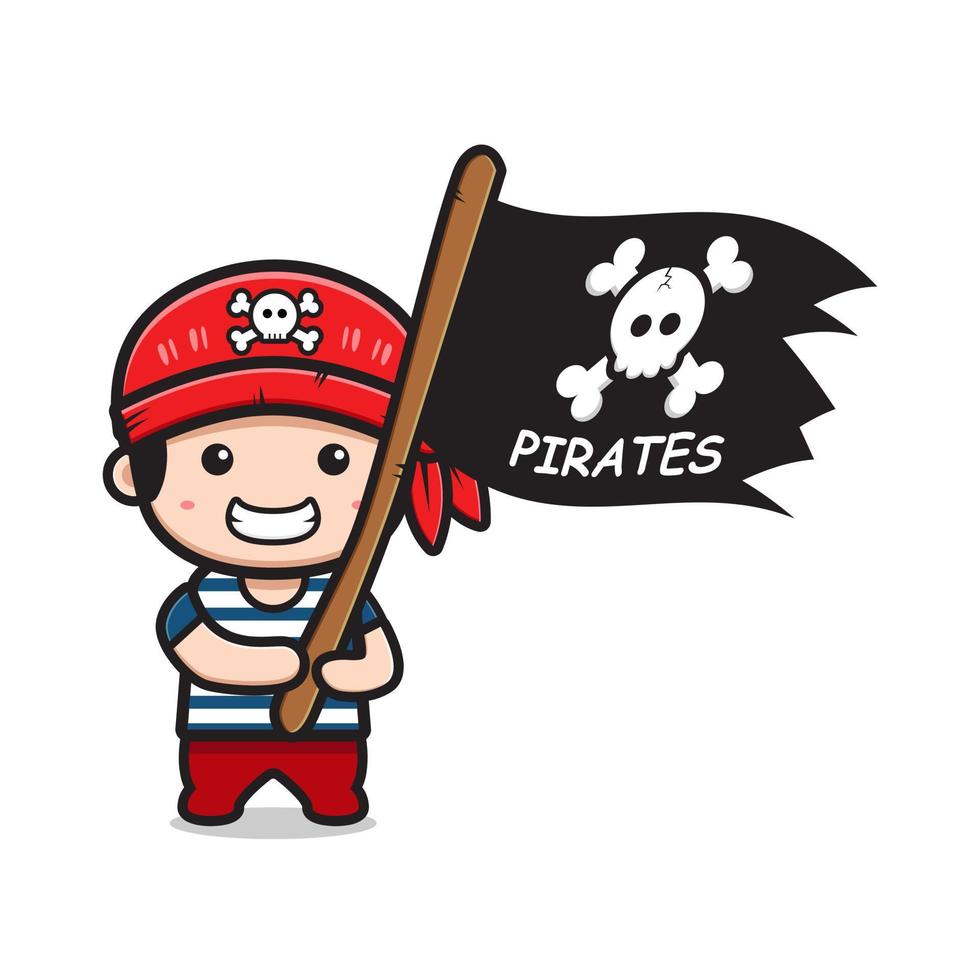 piratas lindos está sosteniendo la ilustración de imágenes prediseñadas de icono de dibujos animados de mascota de bandera vector