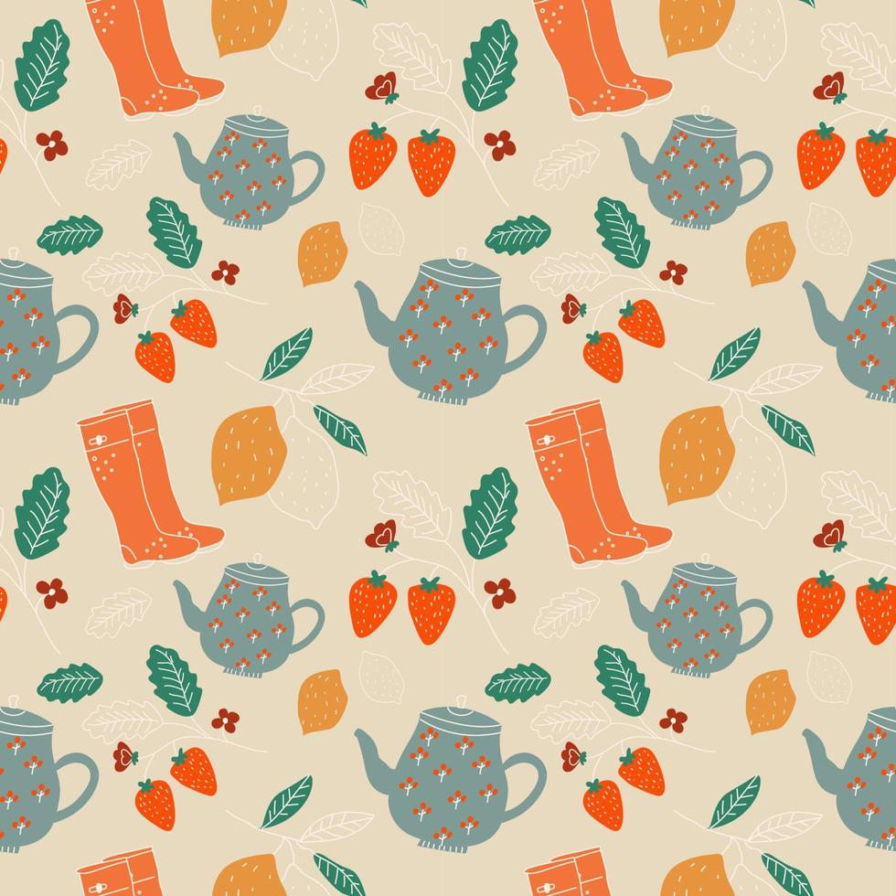 Seamless pattern. Autumn set kettle, lemon, rubber boots. Hygge. Vector in cartoon style.