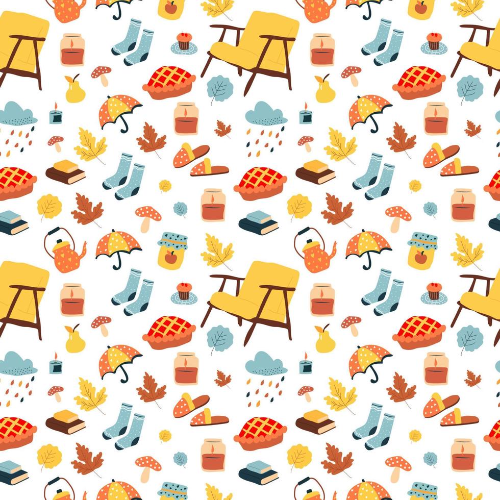 Seamless pattern. Autumn illustration, stickers with homely cute things. Vector design for card, poster, flyer, web and other use. a chair, a cake, an umbrella, books, a candle, a teapot