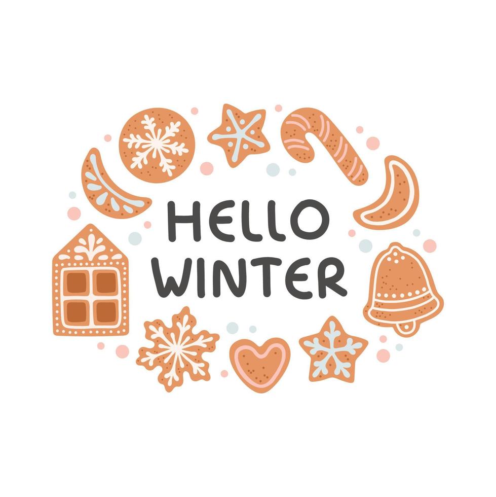 Hello winter phrase with wreath lettering isolated vector illustration
