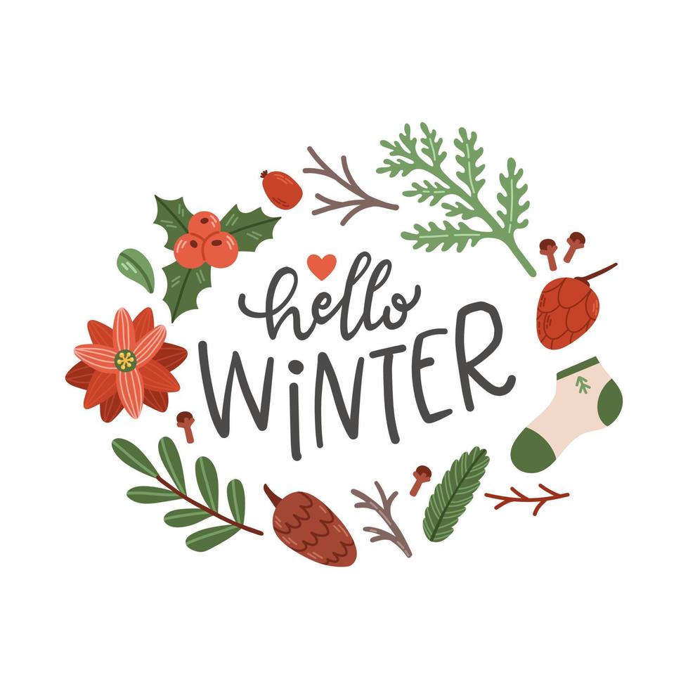 Hello winter phrase with wreath lettering isolated vector illustration