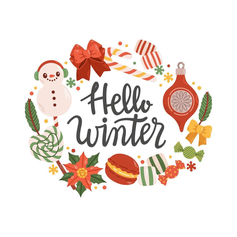 Hello winter phrase with wreath lettering isolated vector illustration