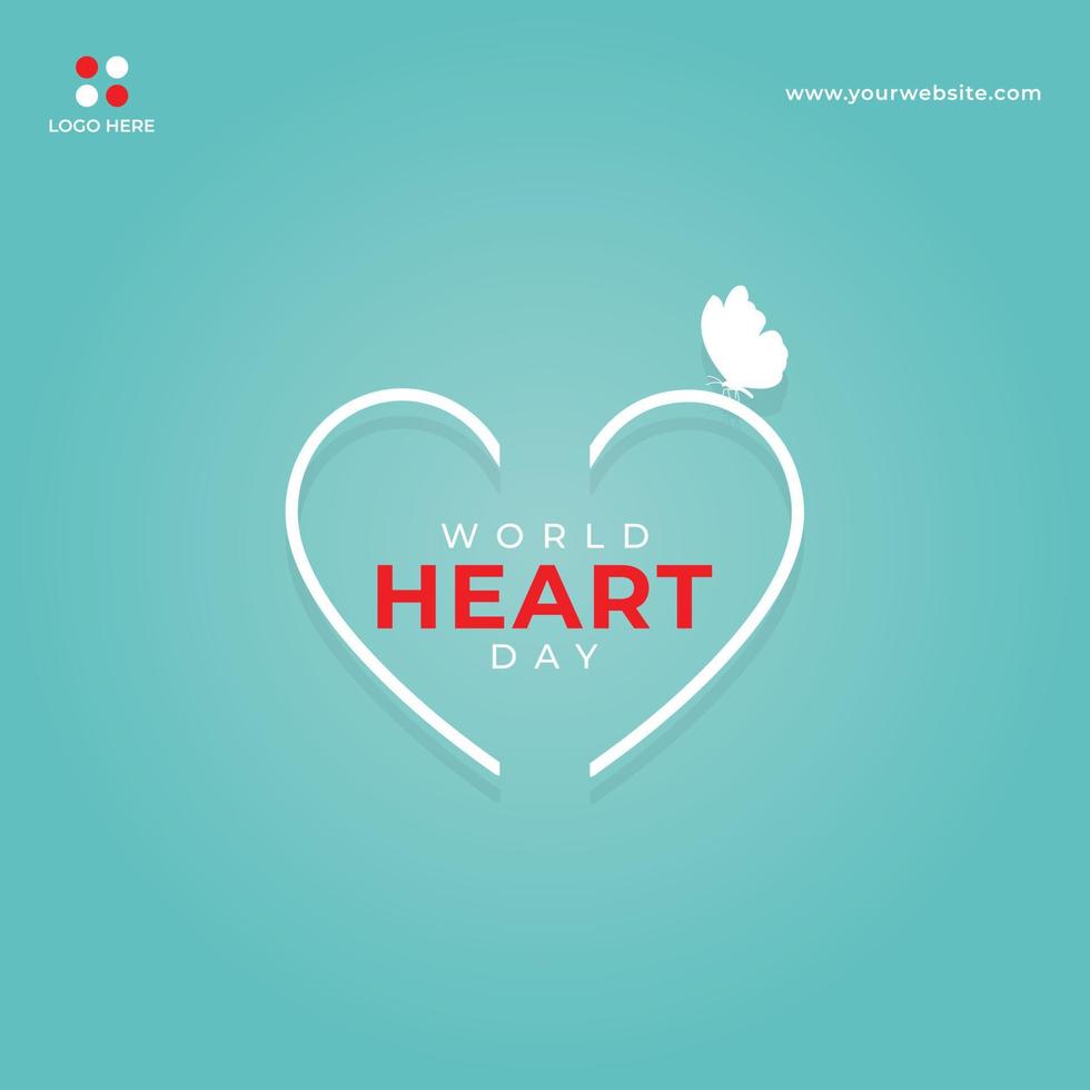 concepto de fondo de banner de redes sociales del día mundial del corazón de diseño plano con corazón blanco y mariposa vector
