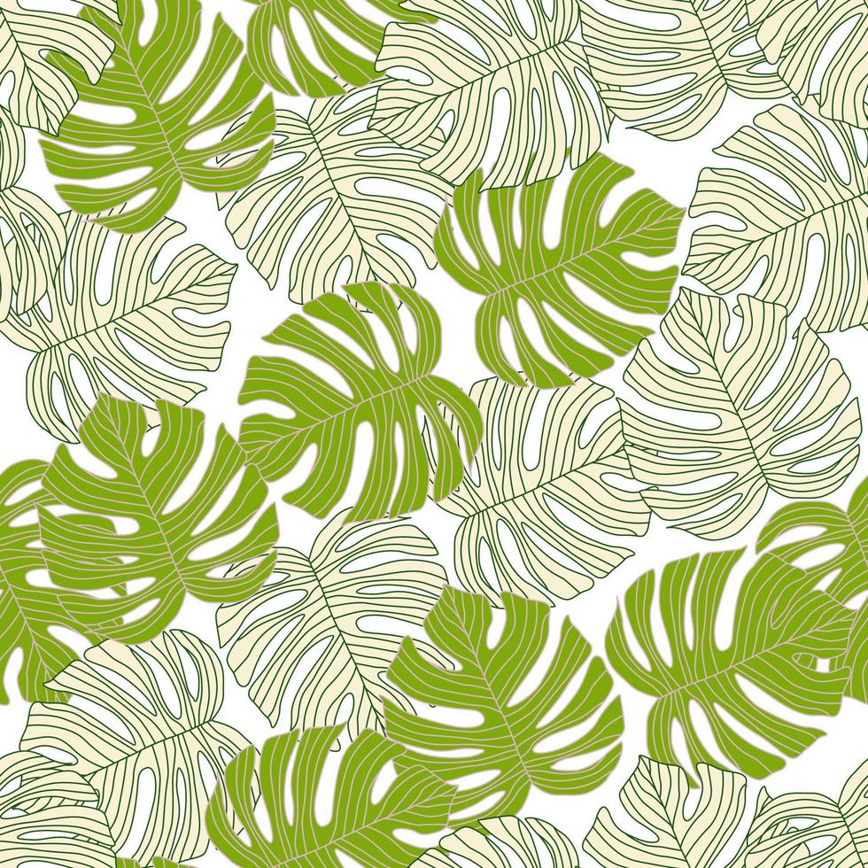 Contoured outline monstera silhouettes seamless pattern. Palm leaves endless background. Botanical wallpaper. vector