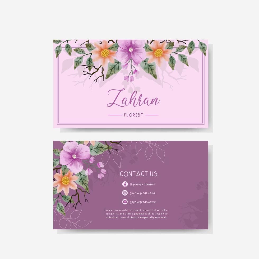 plantilla de tarjeta de visita floral acuarela con sombra púrpura vector