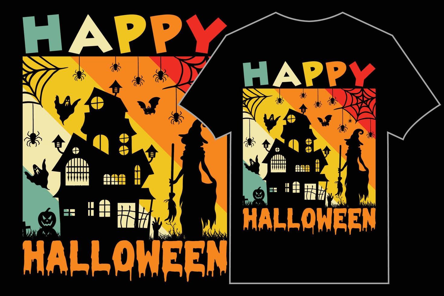 Halloween T-Shirt Design Graphics. Vector cartoon style illustration of tree, witch, bats and much more